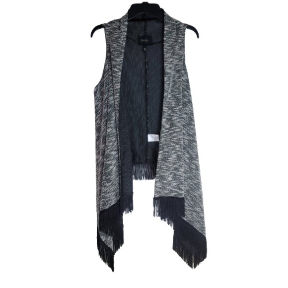 Jessica Simpson Jackets & Blazers - Jessica Simpson Black White Marl Fringe-Hem Vest Open Front Boho